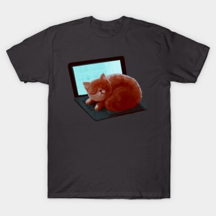 Cute Ginger Cat Asleep on a Laptop T-Shirt